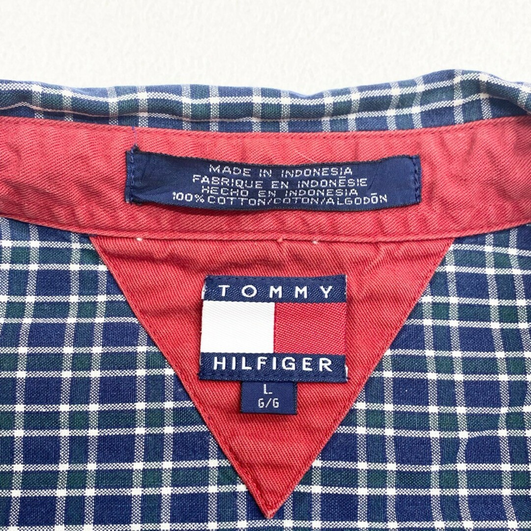 TOMMY HILFIGER(トミーヒルフィガー)のUS古着 トミーヒルフィガー TOMMY HILFIGER ボタンダウンシャツ 長袖 タータンチェック柄 切り替え ワンポイント エンブレム 刺繍 サイズ：ボーイズ L ネイビー×グリーン×ホワイト【中古】 メンズのトップス(シャツ)の商品写真