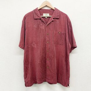 US古着 Island Shares 開襟シルクシャツ 半袖 ストライプ 花柄 サイズ：メンズ XL ビッグサイズ エンジ【中古】(シャツ)