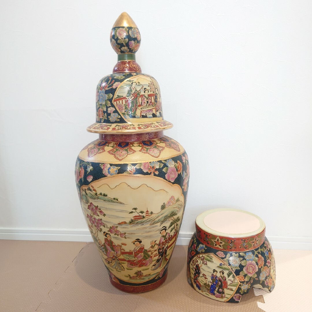 【美品】沈香壺 山水美人画 青粒/白粒/金彩 花紋 飾り/置物 美術品インテリア