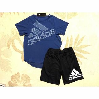 アディダス(adidas)の新品★アディダス★150★快適!!グラフィック半袖Ｔシャツ紺・ロゴパンツ黒★上下(Tシャツ/カットソー)