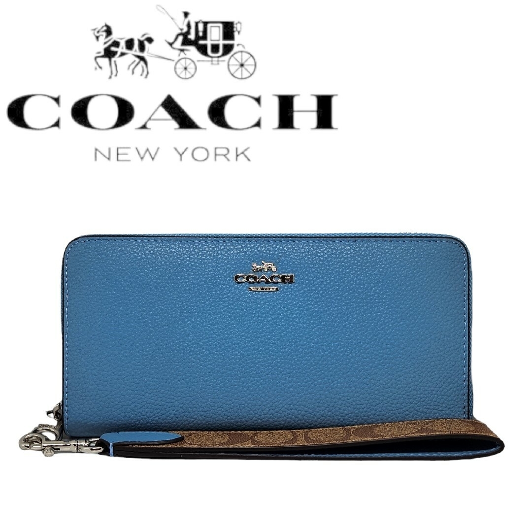 COACH(コーチ)の新品　コーチ　ロングジップアラウンド　ウォレット　シグネチャーストラップ　ブルー レディースのファッション小物(財布)の商品写真