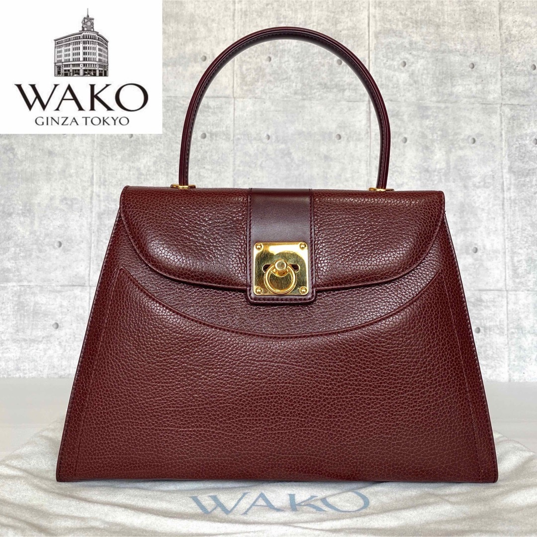 【美品】WAKO 銀座和光 シュリンク型 バーガンディ ゴールド金具ハンドバッグ
