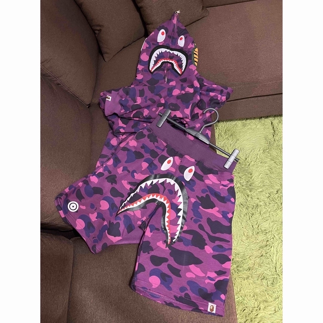 エイプ美品 A BATHING APE ダブルシャークフーディー パープル XL