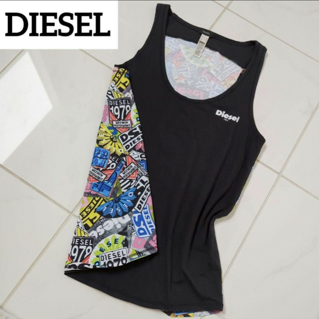 DIESEL(ディーゼル)のDIESEL ノースリーブ タンクトップ ブラック 柄 ロゴ レディース レディースのトップス(カットソー(半袖/袖なし))の商品写真