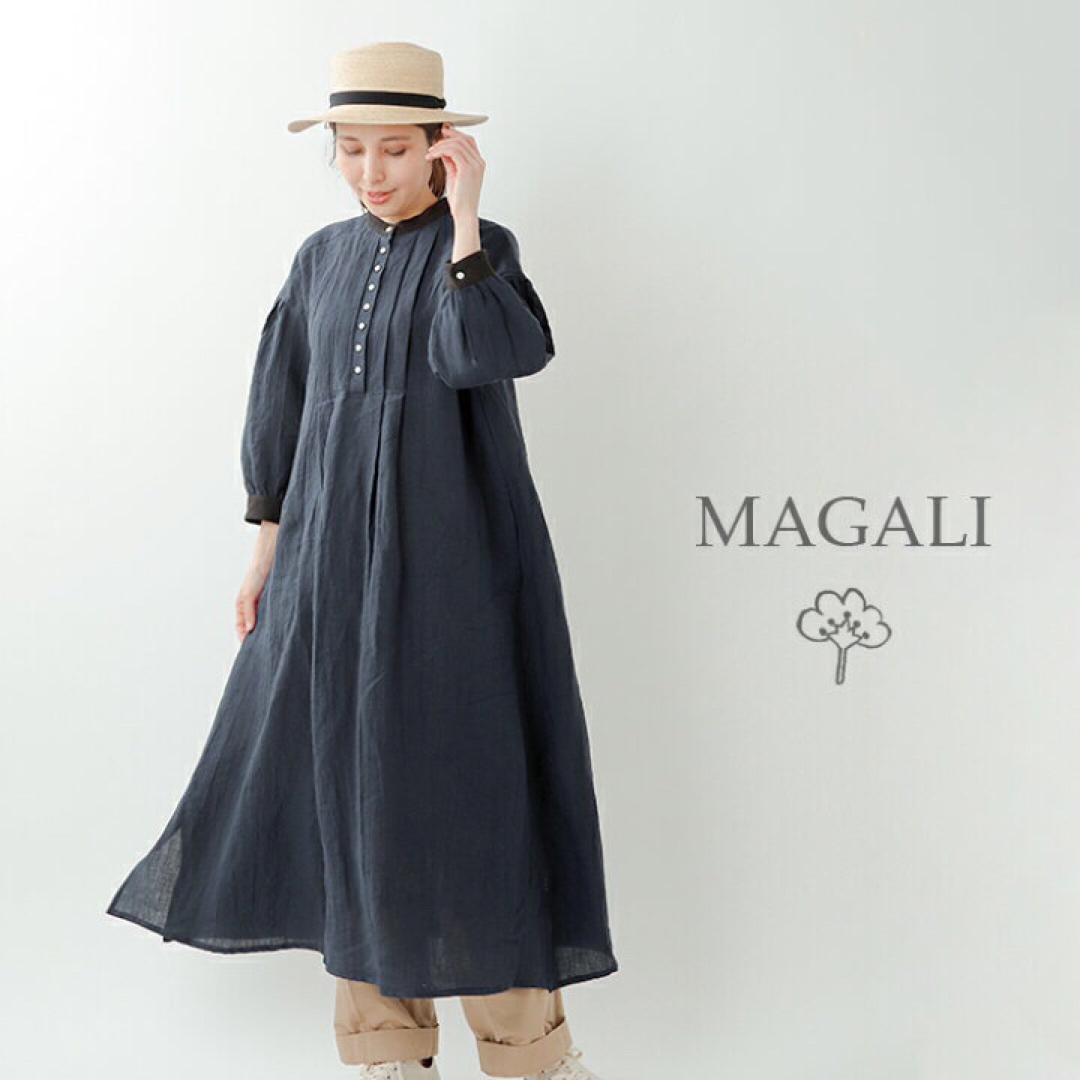 MAGALI マガリ  ベルギーリネンクレリックノーカラーロングワンピース