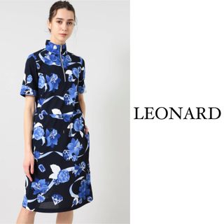 レオナール(LEONARD)の極美品　レオナール　ポロワンピース　宝石柄　総柄　花柄　黒(ひざ丈ワンピース)