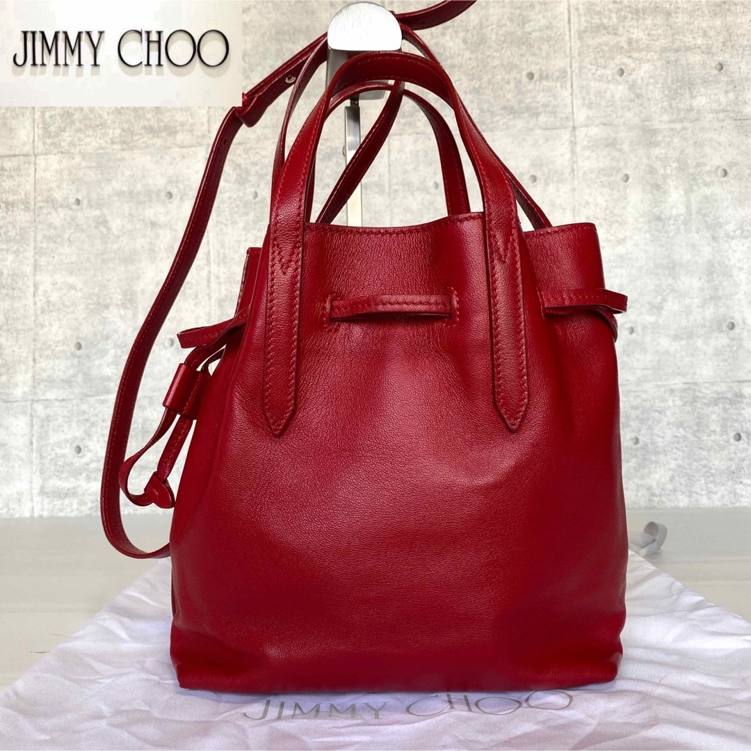 【極美品】JIMMY CHOO BARRA/S RED 2WAY巾着トートバッグ