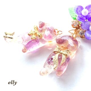 天然石　フローライト　シトリン　ジャンピング猫　紫陽花　レジン　バッグチャーム