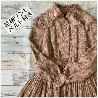 昭和レトロ花柄ロングワンピースフリルネック透け素材ベルト付きブラウン古着e 昭和レトロ花柄ロングワンピースフリルネック透け素材ベルト付きブラウン古着e