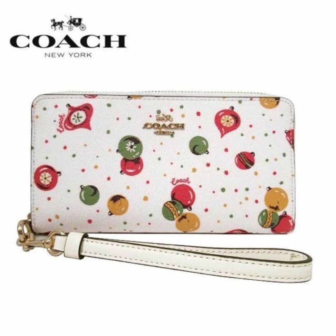 COACH コーチ ストラップ付 長財布 レザー 白 ホワイト オーナメント