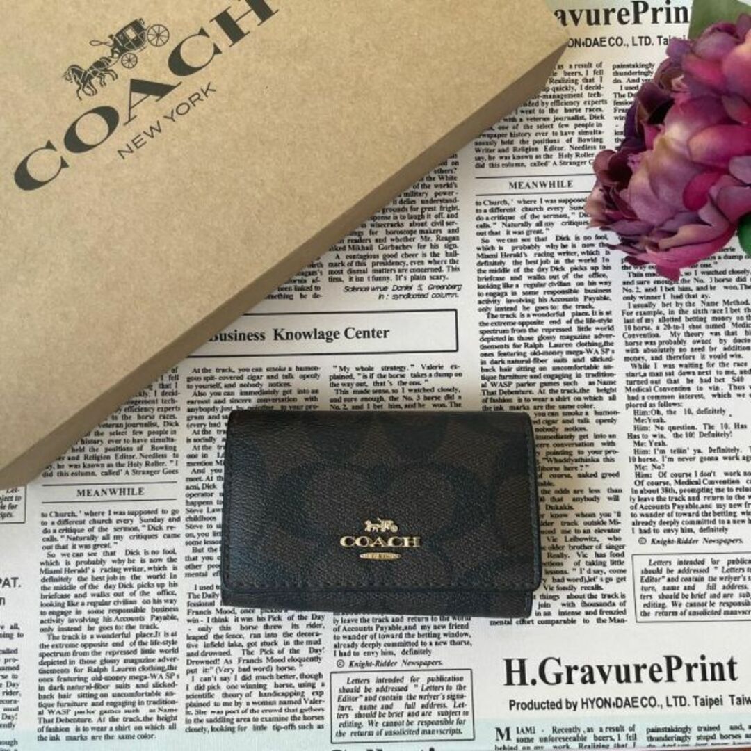 COACH ファイブリング キーケース シグネチャー レザー ブラウン