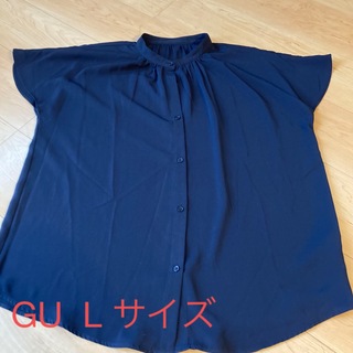 ジーユー(GU)のGU エアリーバンドカラーシャツ　ネイビー　L(シャツ/ブラウス(半袖/袖なし))