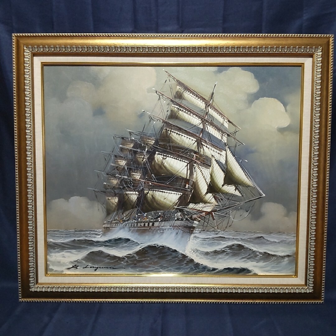 293 絵画　油彩　油絵　帆船　R.ロンガネシ　額装　額縁付き