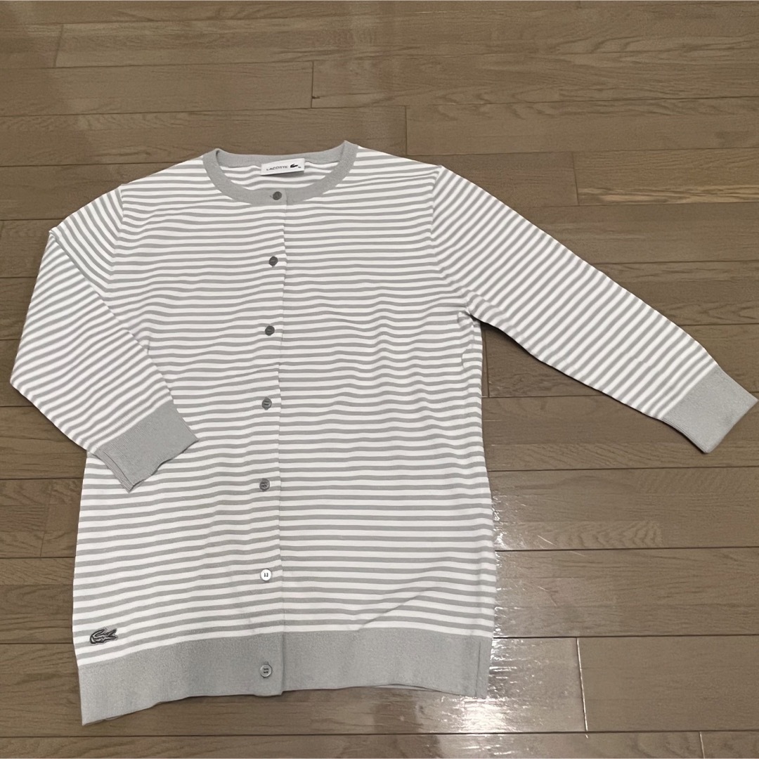 LACOSTE(ラコステ)のLACOSTE  ラコステ　クルーネックカーディガン グレー36 （M）ボーダー レディースのトップス(カーディガン)の商品写真