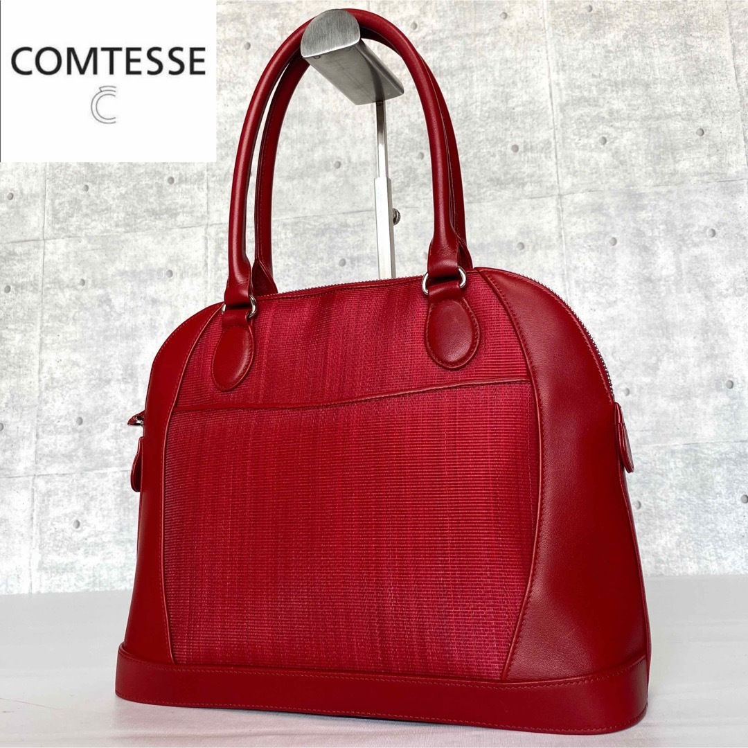 美品】COMTESSE ホースヘア×レザー レッド シルバー金具 ハンドバッグ-