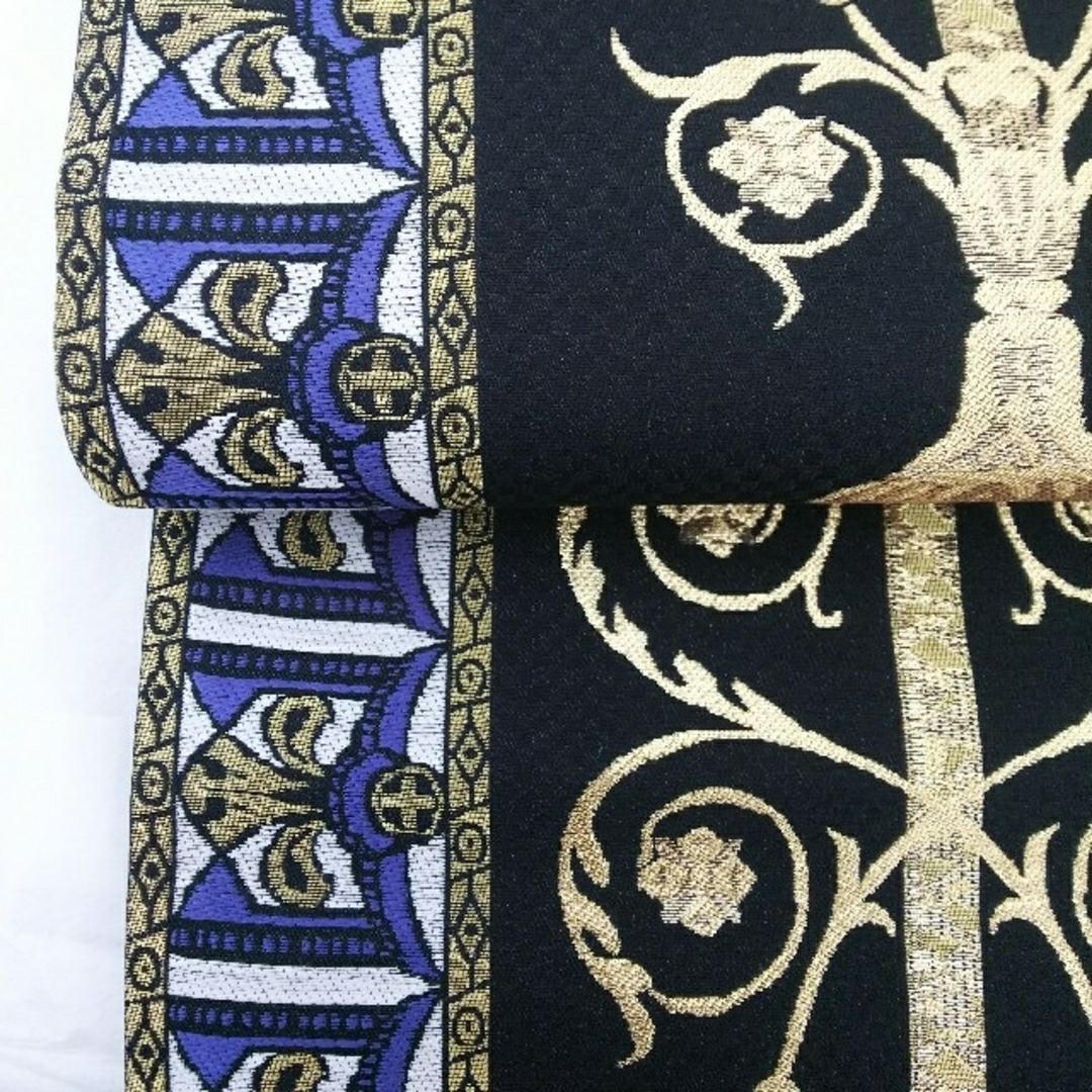 帯 袋帯 サラム  黒 ペルシャ 青 金 紫 幾何学模様 布の通販 by