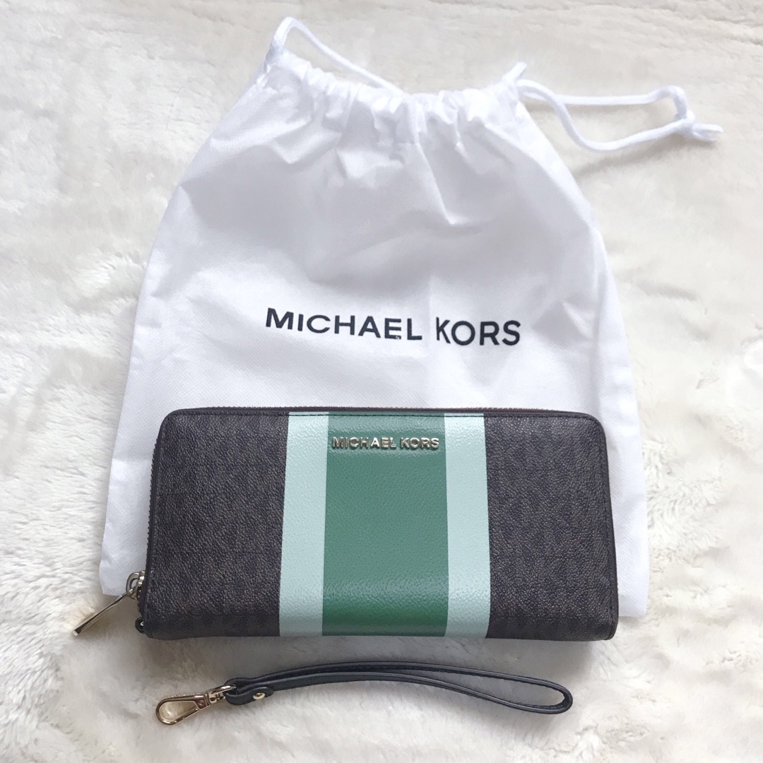 美品 MICHAEL KORS 長財布 グリーンマルチ ラウンドファスナー