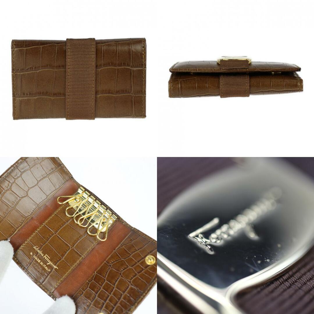Salvatore Ferragamo サルヴァトーレ フェラガモ ヴァラ キーケース 22 3056 クロコ型押し レザー ブラウン系 ゴールド金具 6連 【本物保証】