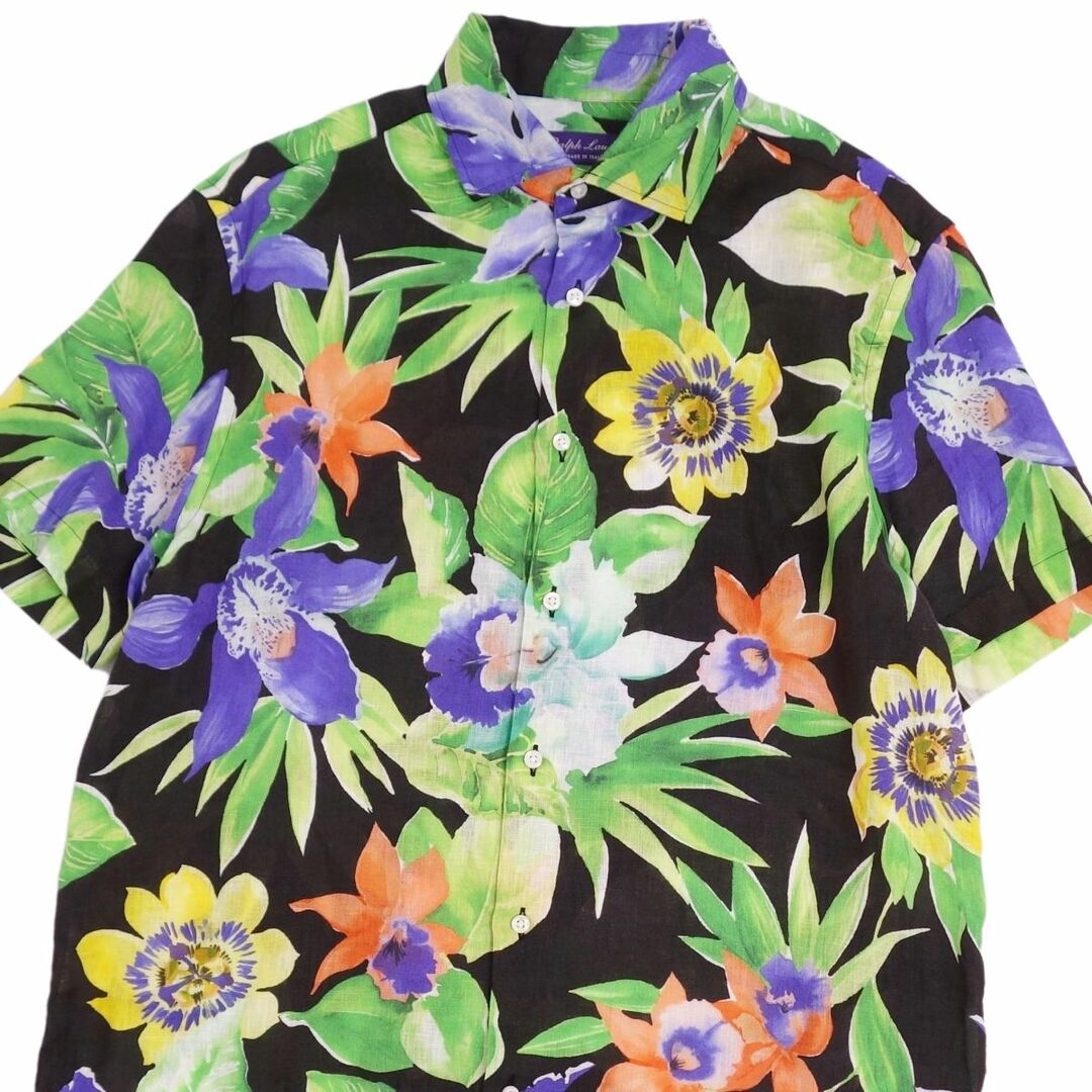美品 ラルフローレン パープルレーベル RALPH LAUREN PURPLE LABEL シャツ 半袖 ショートスリーブ 花柄 リネン トップス メンズ L マルチカラー