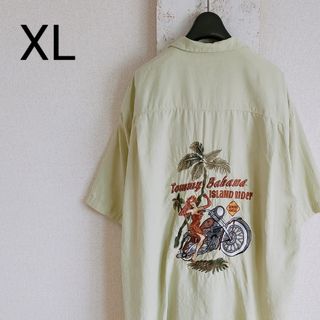 トミーバハマ 刺繍 ミントグリーン　半袖 オープンカラーシャツ 古着 XL(シャツ)