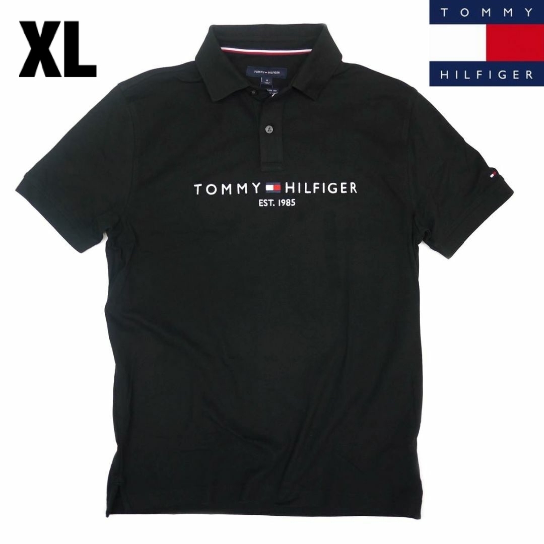新品トミーヒルフィガー刺繍ロゴストレッチポロシャツ(XL)ブラック ゴルフにも！大きいサイズ