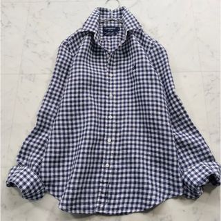 ジムフレックス　リネンギンガムチェックシャツ　12　レディース　トップス　紺×白(シャツ/ブラウス(長袖/七分))