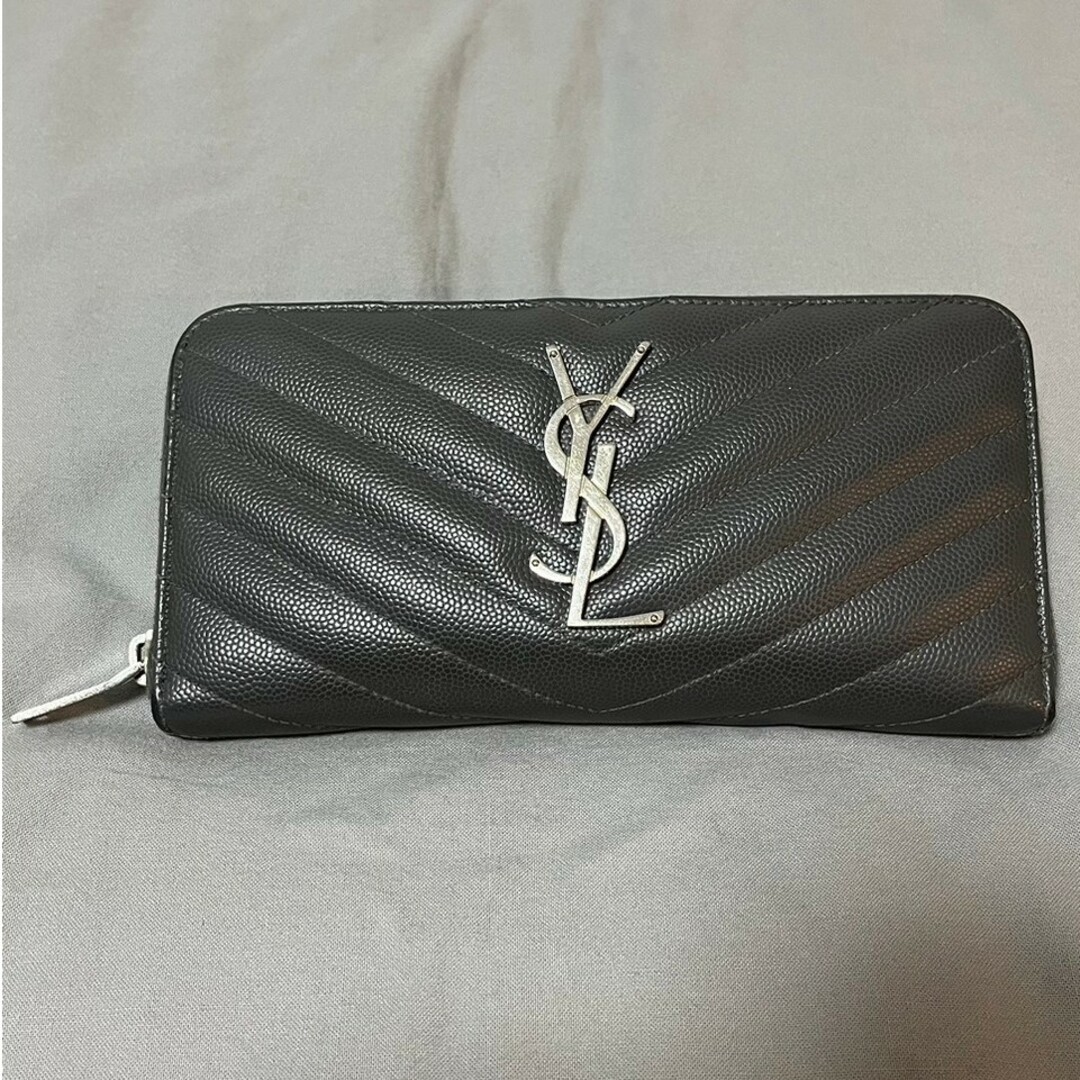 Saint Laurentサンローラン ラウンドジップ 長財布 グレー-