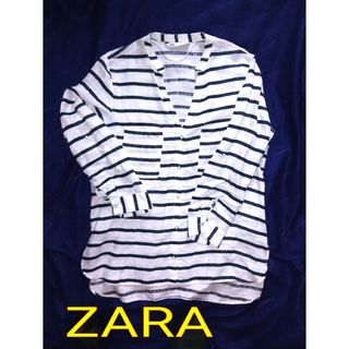 ザラ(ZARA)のZARA リネンボーダーシャツ(ノーカラージャケット)