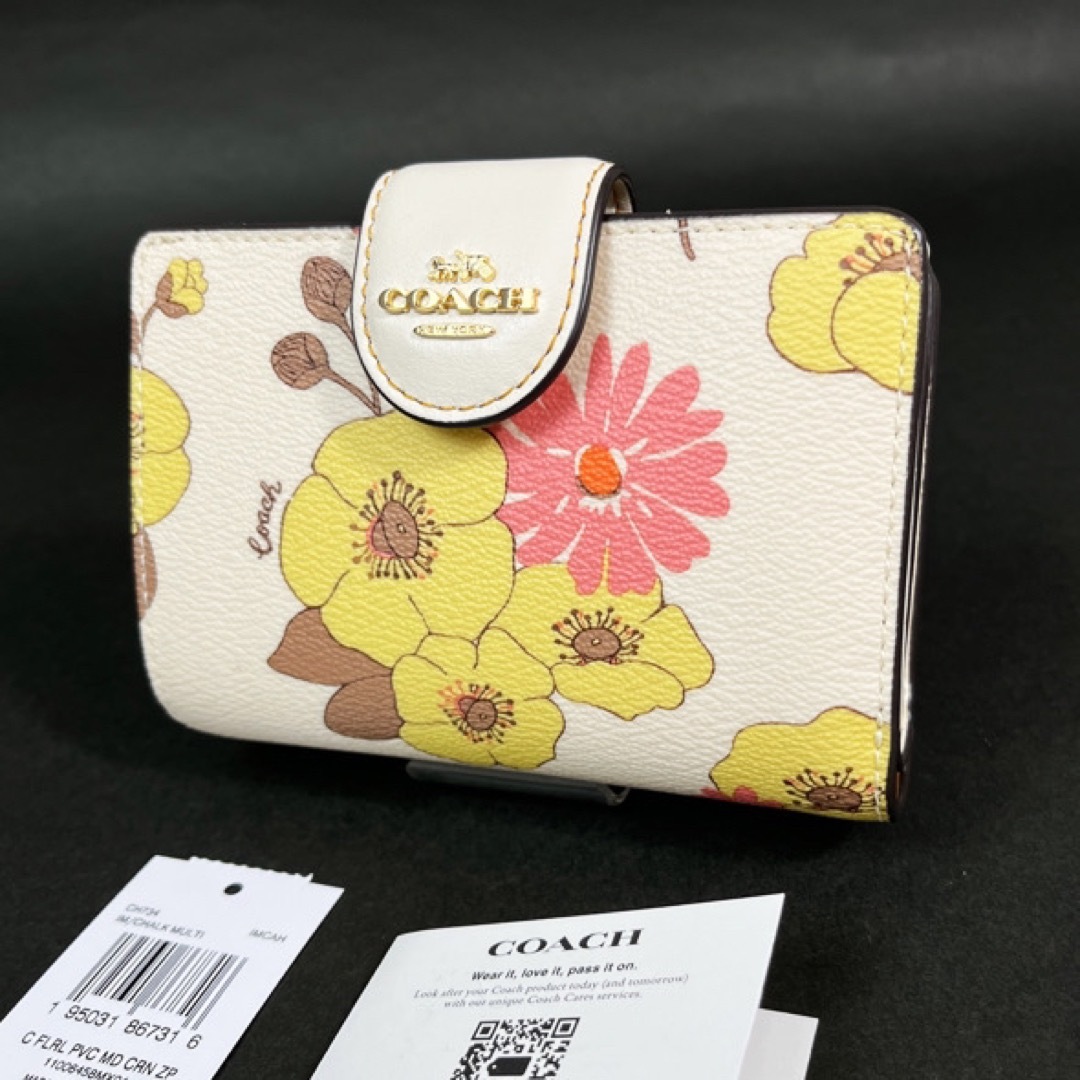 新品☆COACH(コーチ)イエロー 花柄 レザー 折り財布