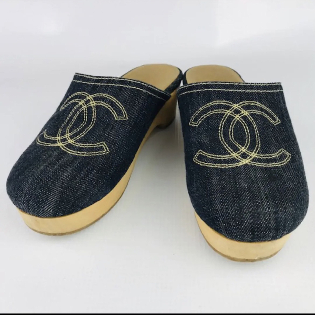CHANEL☆デニム地レザー ビックココマーク刺繍 サボサンダル(34)-