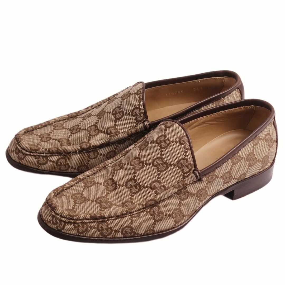 グッチ GUCCI ローファー スリッポン GG柄 キャンバス カーフレザー シューズ レディース 36.5C(23.5cm相当) ブラウン
