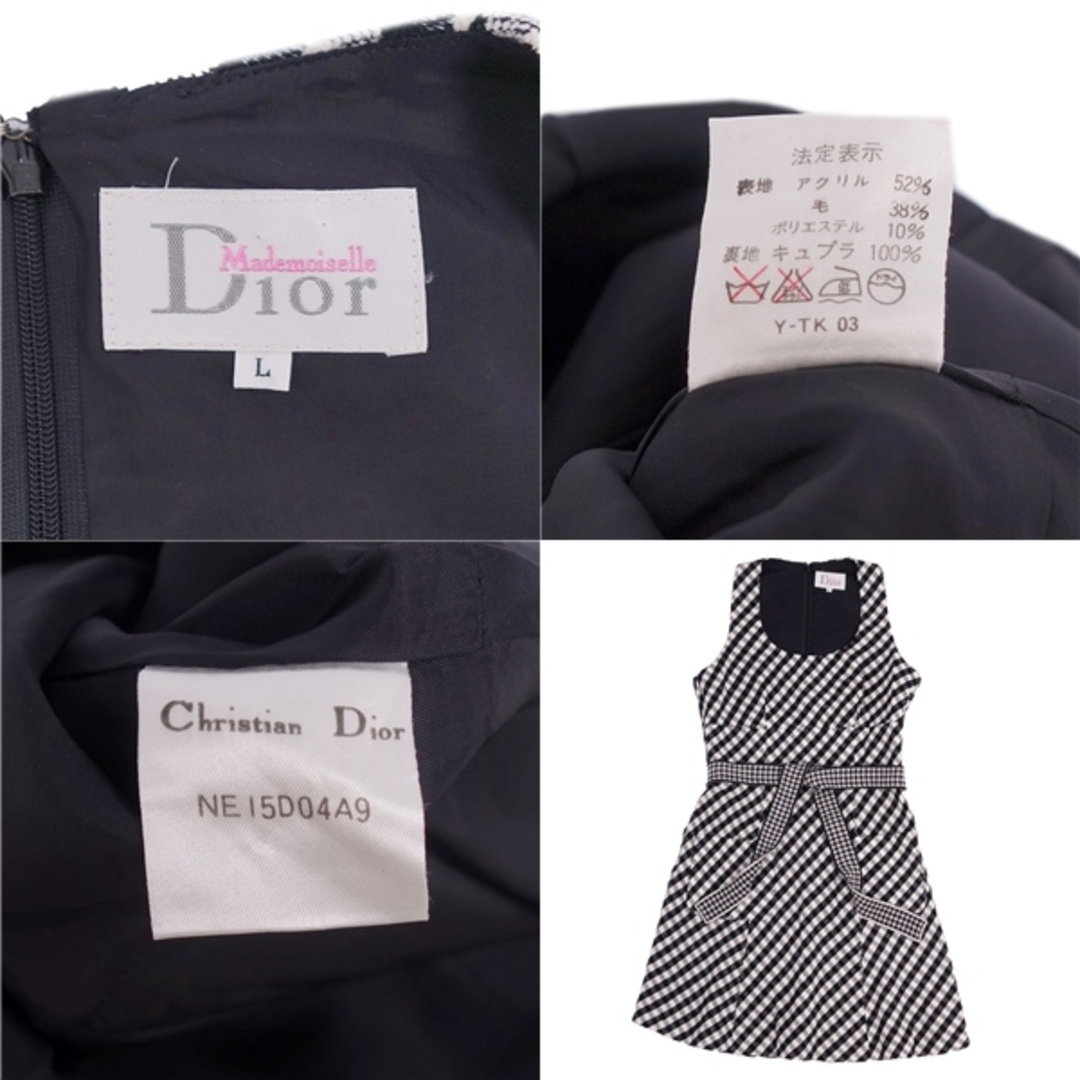 美品 Vintage マドモアゼルディオール Mademoiselle Dior ワンピース ドレス ノースリーブ チェック柄 ウール トップス  レディース L ブラック/ホワイト