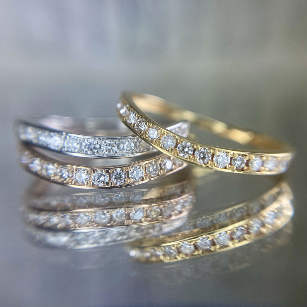天然ダイヤモンド3色エタニティ計0.45ct K18YG/K18PG/PT950 刻印無料|ギフトラッピング無料|サイズ直し無料|返品交換対応|特別直販価格|送料無料 K18 天然 ダイヤ 0.22ct ゴールド 側面 ハーフ エタニティ リング 指輪 レディース SIクラス ダイヤモンド 0.22カラット 44石 天然石 18金 ホワイト イエロー ピンク 甲丸 平打ち シンプル 重ね付け サイドダイヤ 品質保証書付 YG WG PG "TAINA タイナ"