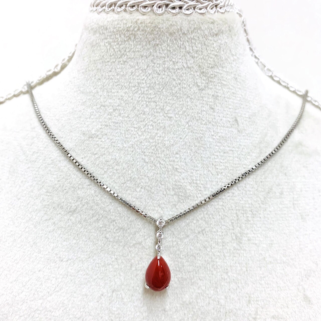 フルオーダー 極美品 PT900 PT850 2.07ct 珊瑚 0.10 ダイヤ ネックレス
