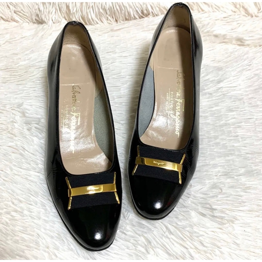 【良品】 Salvatore Ferragamo ロゴ リボン パンプス 1