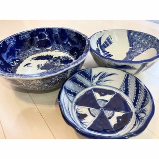 大皿　大椀　皿　食器　陶磁器　ブルー　3枚　青　陶器　骨董品　アンティーク(食器)