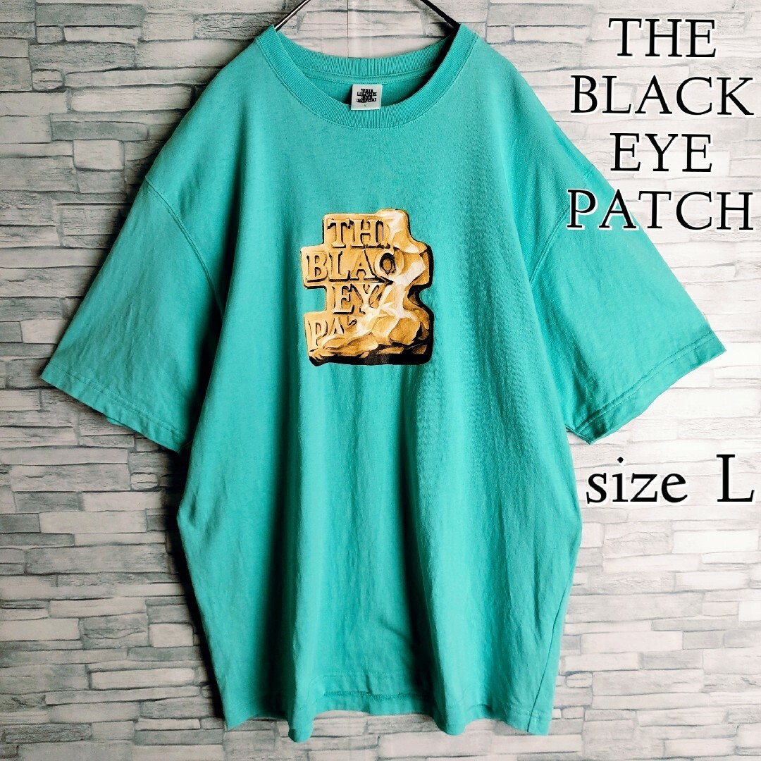 【希少デザイン】ブラックアイパッチ☆センターロゴTシャツ　L　ターコイズブルー