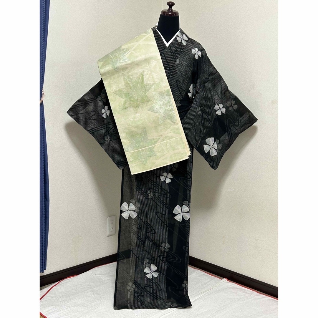 送関込 洗える着物 お洒落小紋 袷 変わり縞 舞花文 お洒落カラー
