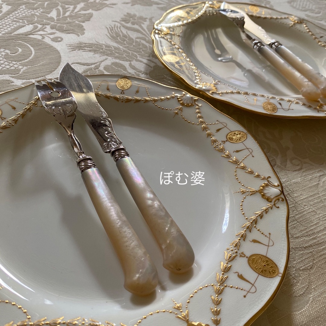 【フランス製】 純銀 スターリング＋白蝶貝／フィッシュナイフ＆フォーク １組