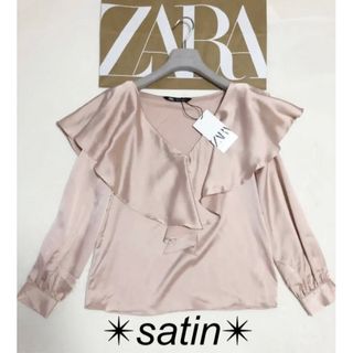 ザラ(ZARA)の匿名配送　レア　ZARA サテン　ビックカラー　セーラーカラー　ブラウス　ピンク(シャツ/ブラウス(長袖/七分))