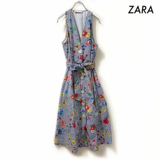 ザラ(ZARA)のZARA ザラ★ストライプ花柄 ノースリーブワンピース ブルー 青(ロングワンピース/マキシワンピース)