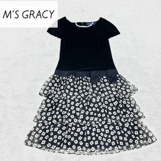 エムズグレイシー(M'S GRACY)の未使用級✨エムズグレイシー ドッキング ティアードワンピース 花柄 リボン(ひざ丈ワンピース)