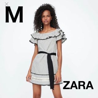 ザラ(ZARA)の値下げ中‼ZARA　ワンピース　オフショルダー　ストライプ　半袖(ミニワンピース)