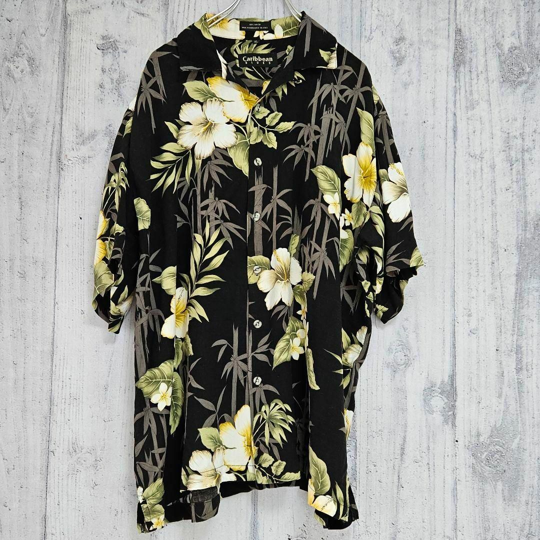 【古着】アロハシャツ 黒 花柄 XL カリビアンブルース ハイビスカス おしゃれ メンズのトップス(シャツ)の商品写真