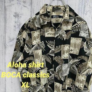 【古着】BOCA classics アロハシャツ 黒系 総柄 XL おしゃれ♪(シャツ)