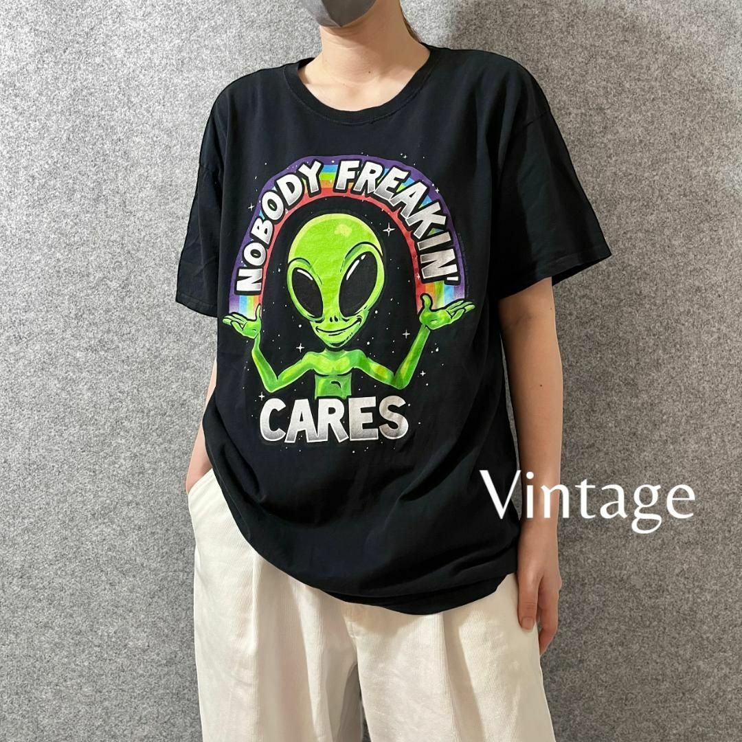 ART VINTAGE(アートヴィンテージ)の【vintage】エイリアン 宇宙人 イラスト プリント ルーズ 黒 Tシャツ メンズのトップス(Tシャツ/カットソー(半袖/袖なし))の商品写真