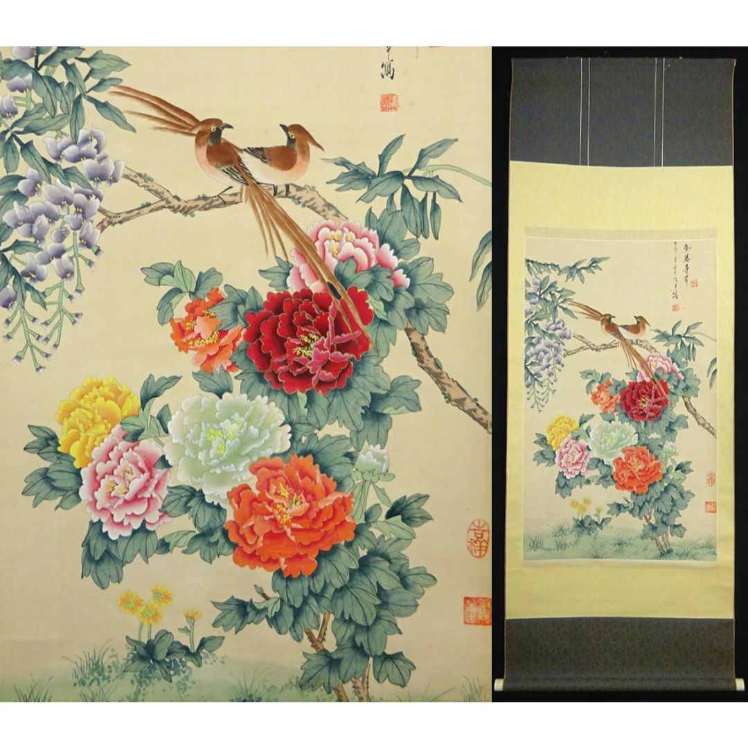 掛軸 清華『紫藤に寿帯鳥 花鳥図』中国画 絹本 肉筆 掛け軸 a11107