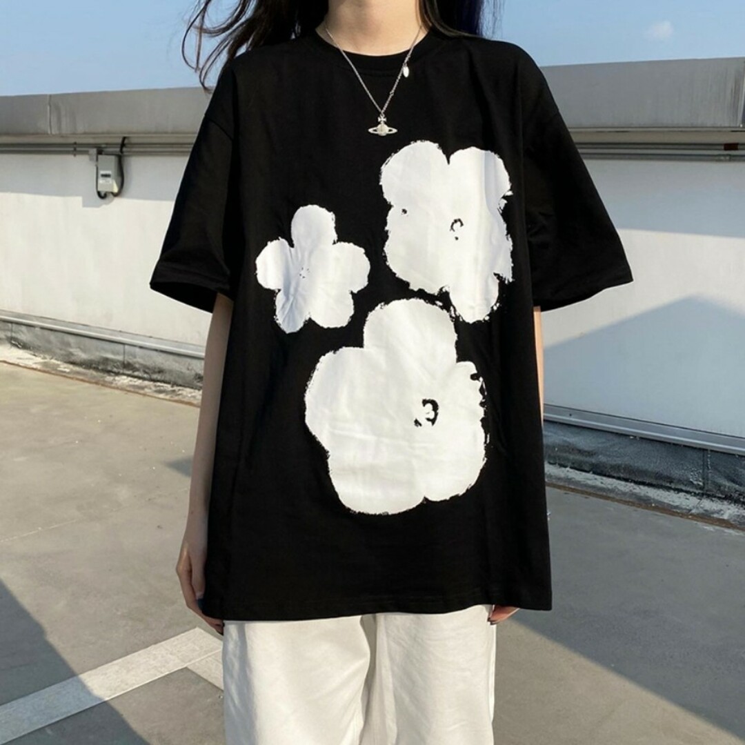 2XL 黒 花柄 Tシャツ 体型カバー レディース 綿100％ 大きいサイズの ...