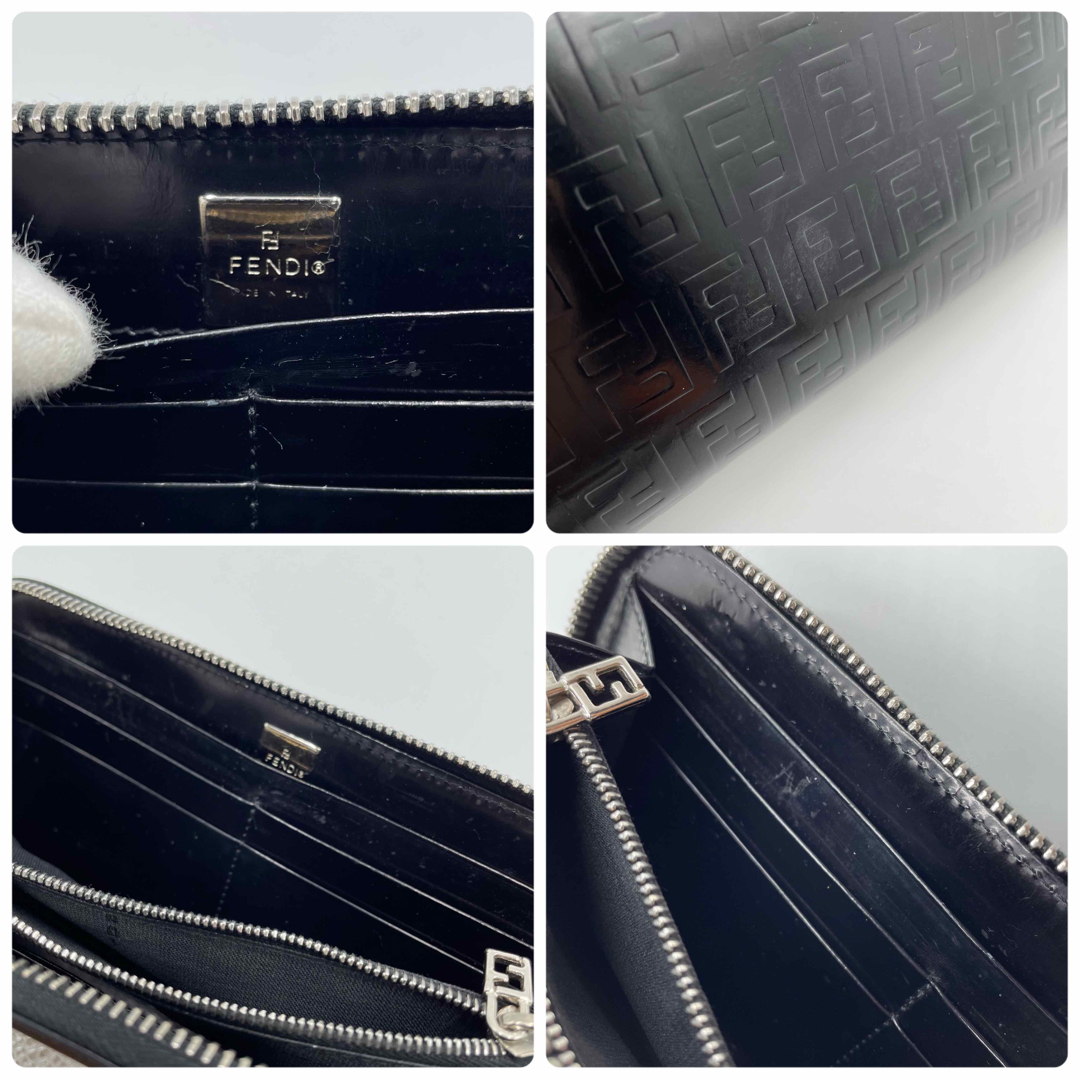 FENDI【美品】フェンディ 長財布 ズッカ柄 エナメル 黒 ラウンドジップ