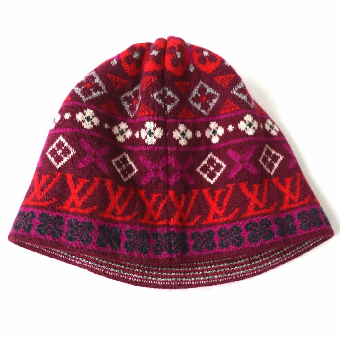 美品◎正規品 イタリア製 LOUIS VUITTON ルイヴィトン レディース カシミヤ100% ニットキャップ/ニット帽 レッド系×マルチ 総柄